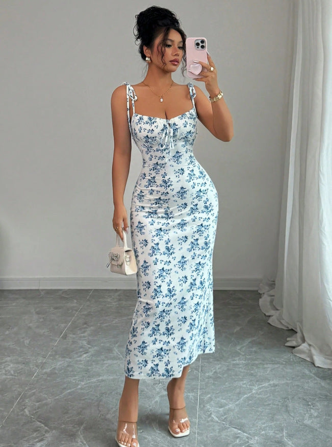 fashion women's clothing  summer sweet floral print camisole dress slim fit elegant bodycon maxi dress