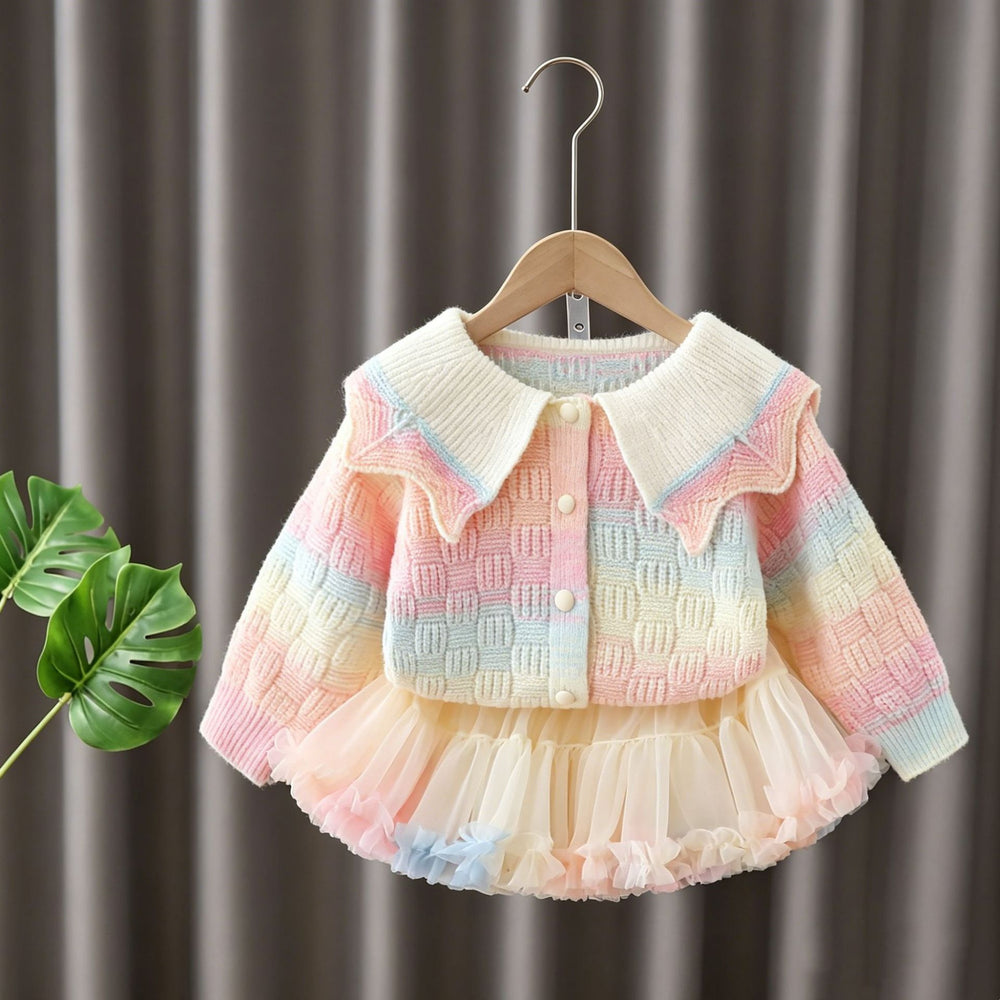 Girls' sweater set -  autumn collection: gradient knit cardigan & cute tutu skirt two-piece outfit