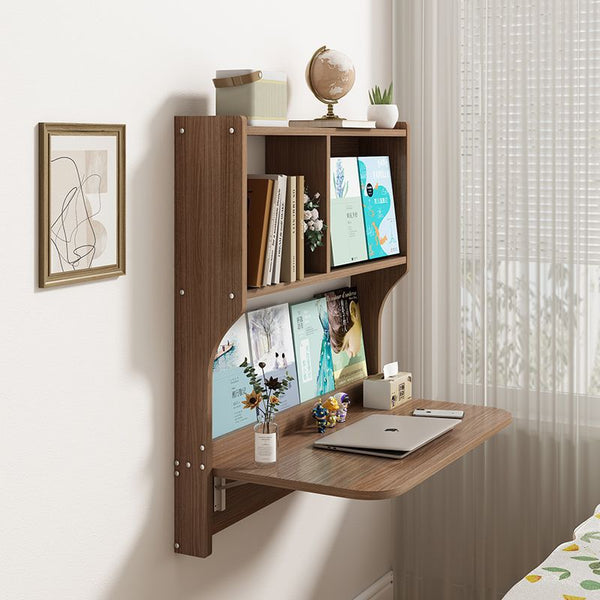 Folding table Solid wood suspended wall-mounted wall study table Small apartment bed head and tail desk bookcase integrated cp