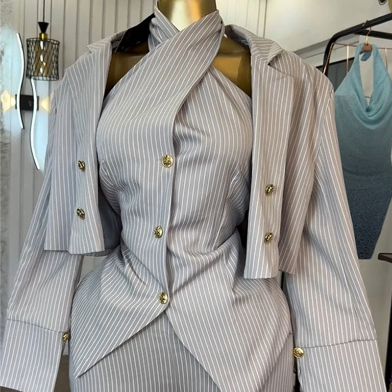 European and american cross-border women's fashion  summer new striped jacket halter vest wide-leg pants set