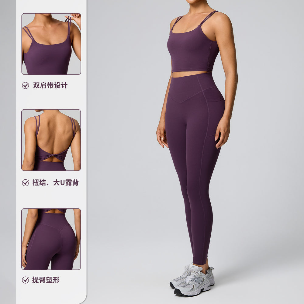 high waistflap pocket pants sportswear two-piece set women's high elastic shaping quick-drying fitness clothes running yoga clothes suit