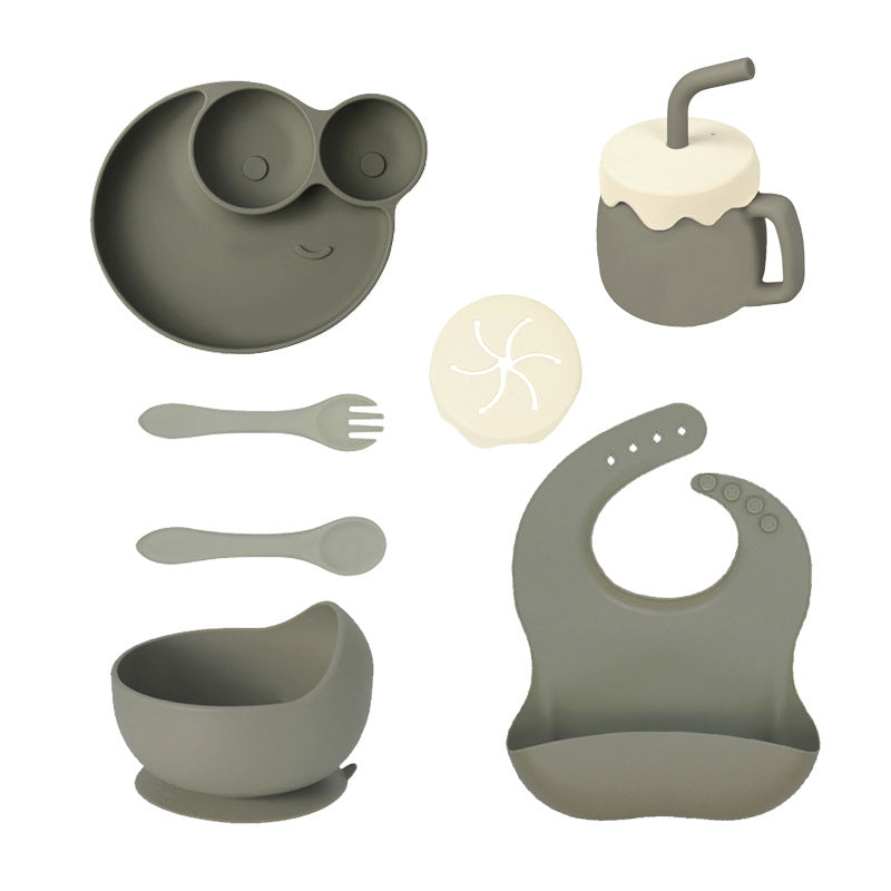 Children's Silicone Plate 7-piece Set Baby Separate Plate Feeding Bib Water Cup Fork Spoon Supplementary Food Bowl Tableware