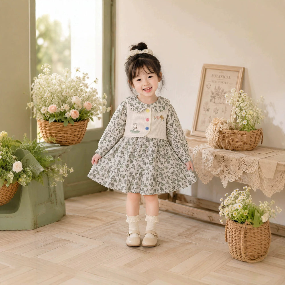 new girls' floral sundress with cute bunny and mushroom embroidery, vest, and peter pan collar