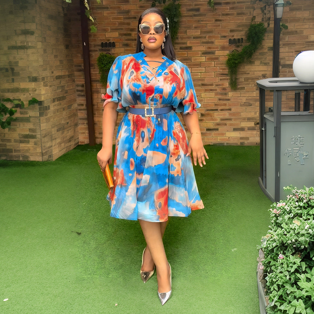 african plus size women's v neckdress   export printinghigh waist a-line skirt in stock