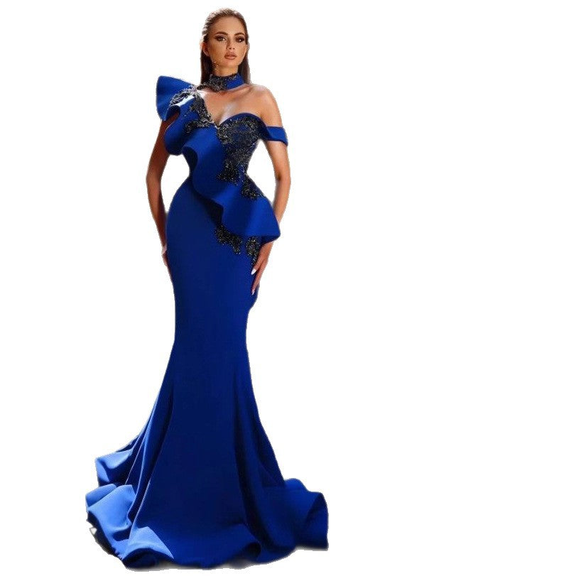 European and American  new one-shoulder turtleneck sexy evening dress, lotus leaf edge waist banquet fishtail long dress dresses