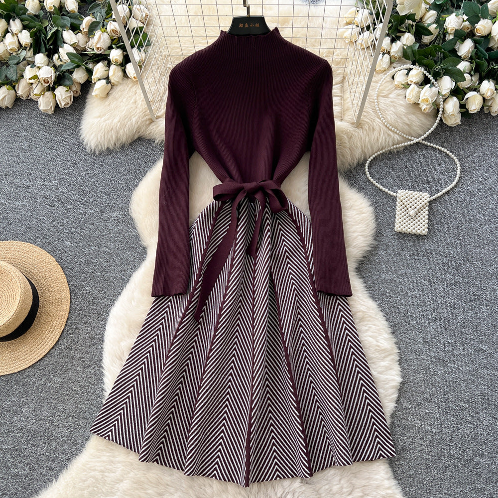 Xiaoxiangfengclassy contrast colorbows strappy long sleevesdress women's metal buckle waist slimming lookknitting short skirt