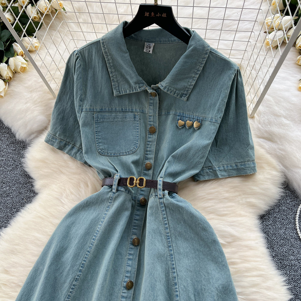Short-sleeved dress women's summer wear new arrivalk-style polo collar single-breasted waist a-line mid-length denim skirt