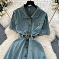 Short-sleeved dress women's summer wear new arrivalk-style polo collar single-breasted waist a-line mid-length denim skirt
