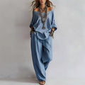 European and american cross-border  independent station summer new casual loose linen three-quarter sleeve top + wide-leg pants set