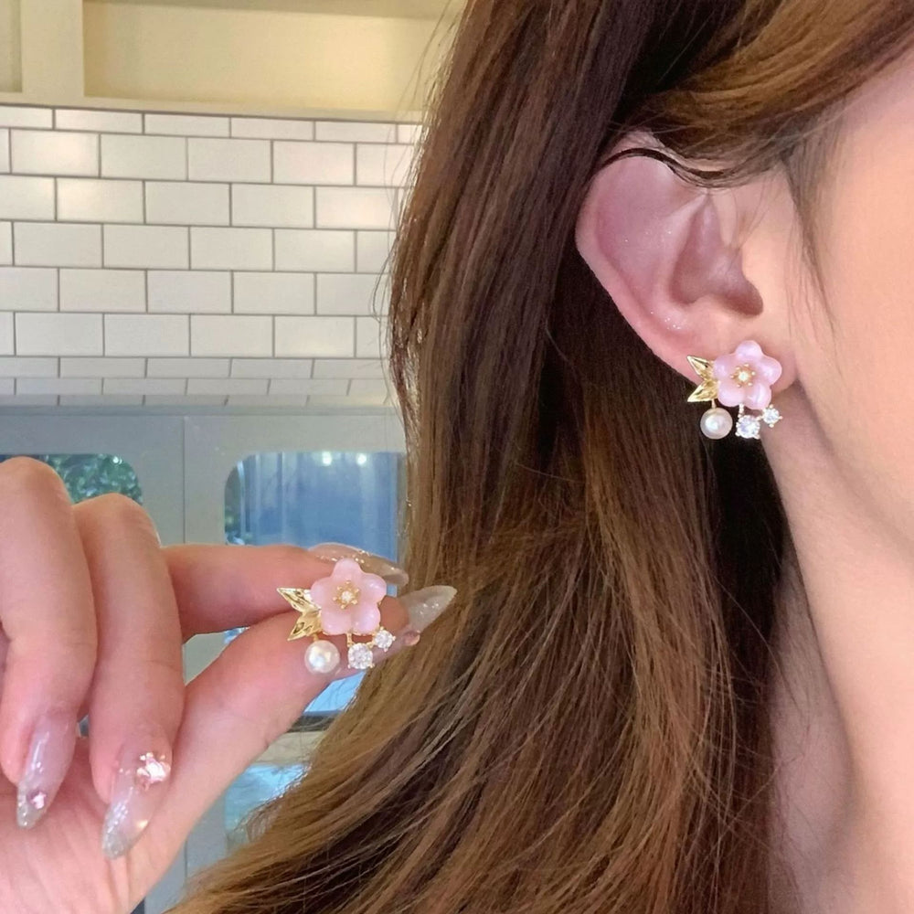 Sakura pink jelly flower sense of design small fresh pearl artsy daily earrings fairy fashionable popular earrings