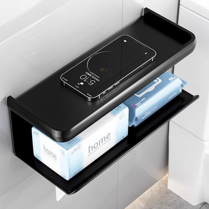 Bathroom tissue box wall-mounted organizer, toilet paper holder, punch-free installation, black