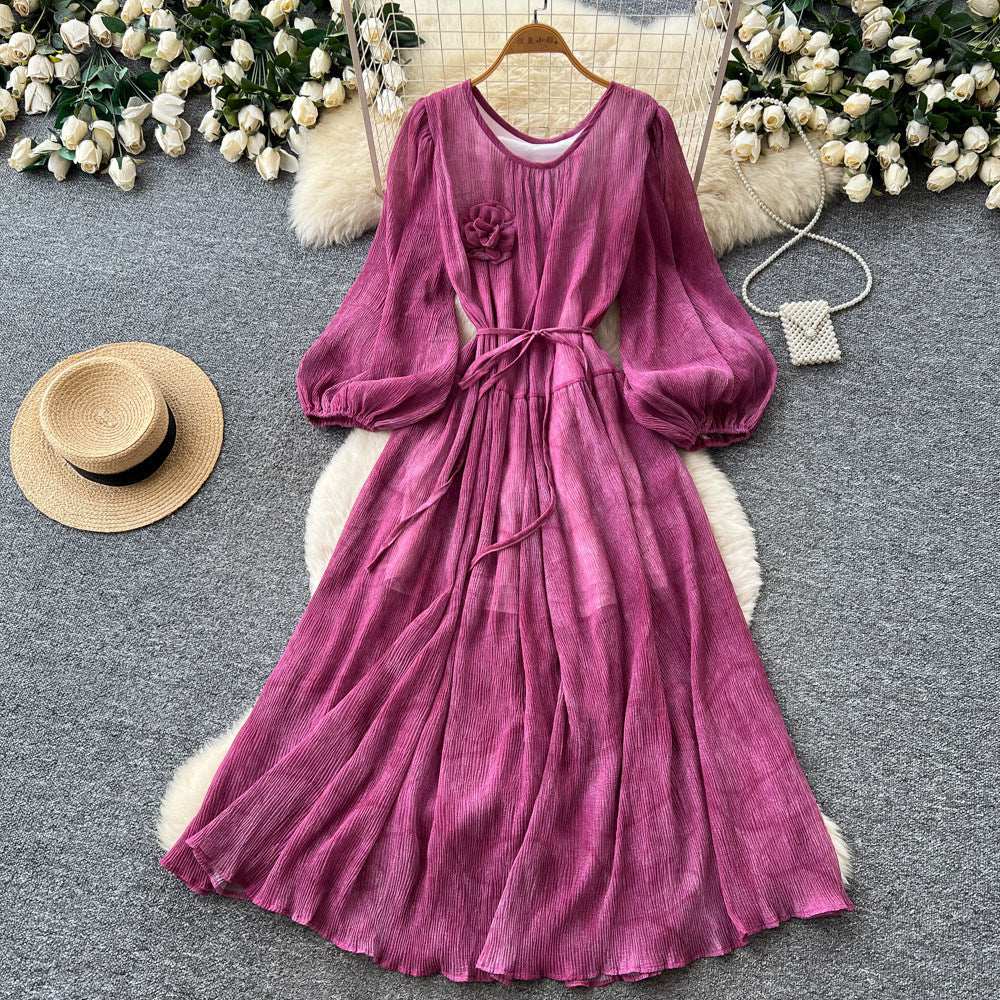 French chic lantern sleeve v-neck dress - women's summer korean style tie-waist slimming a-line maxi dress - elegant