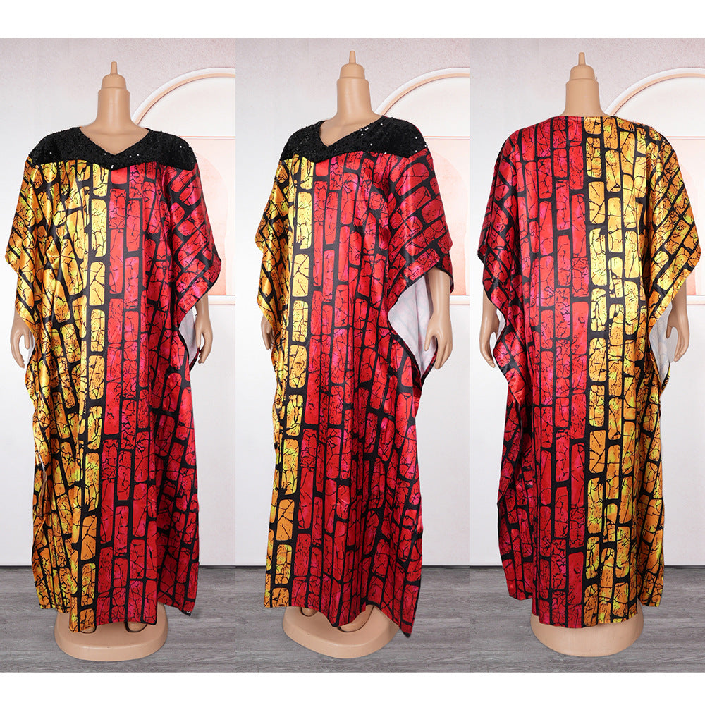 African women's plus size color block maxi dress - cross-border e-commerce, ,  - fleece beaded sequin dress