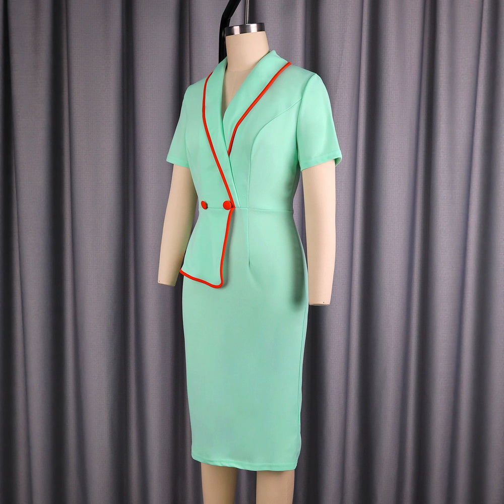 Fashion lapel contrast color mint green short sleeve one step skirt rufflesilm hip cover work clothingdressdresses