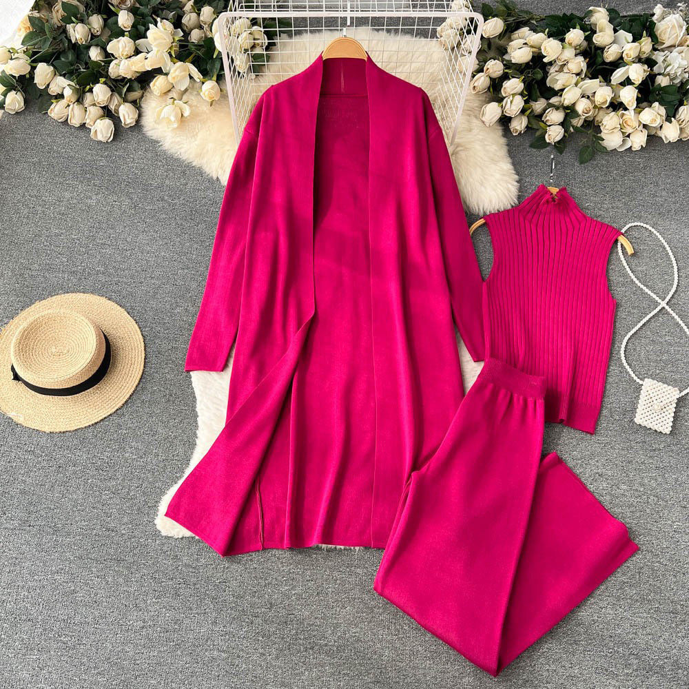 fashionloosecasualknittingsuit women's long shawl cardigan + turtleneck sweater + loose pants three-piece set