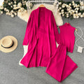 fashionloosecasualknittingsuit women's long shawl cardigan + turtleneck sweater + loose pants three-piece set