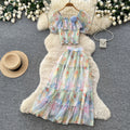 French romantic one-shoulder bubble sleeve floral two-piece set - women's summer high-waisted mesh cake skirt elegant outfit