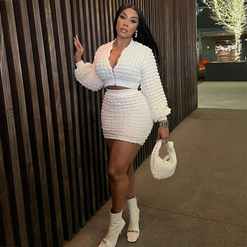 European and american cross-border women's clothing:  new fashion casual slim-fit bubble zipper top and bodycon skirt set