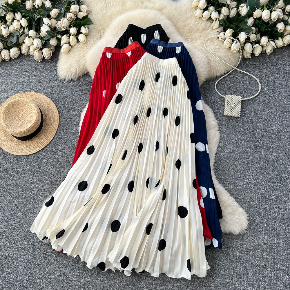Light mature style retro polka dot pleated classy skirt women's high waist a-line slimming look pleated drape long skirt work clothing