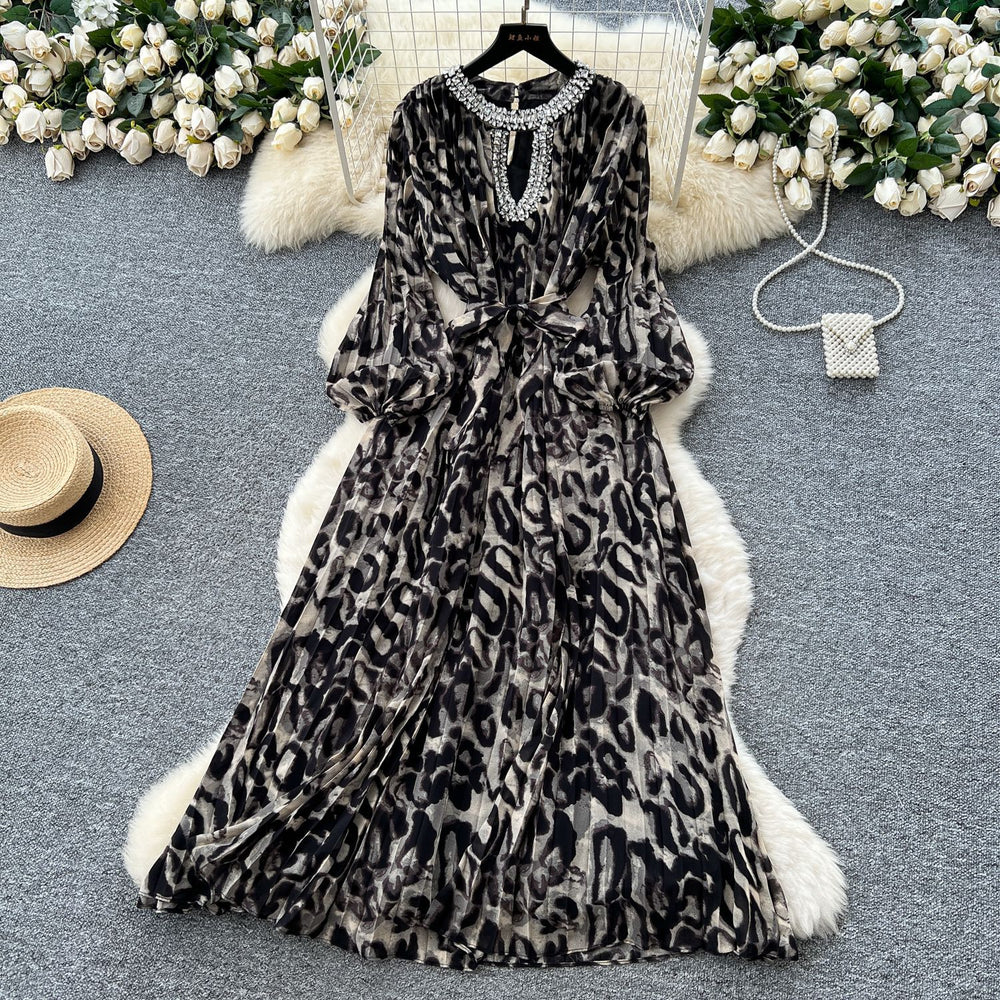 Luxury european and american style leopard print puff sleeve dress - women's summer belted slimming diamond-accented hot girl maxi dress