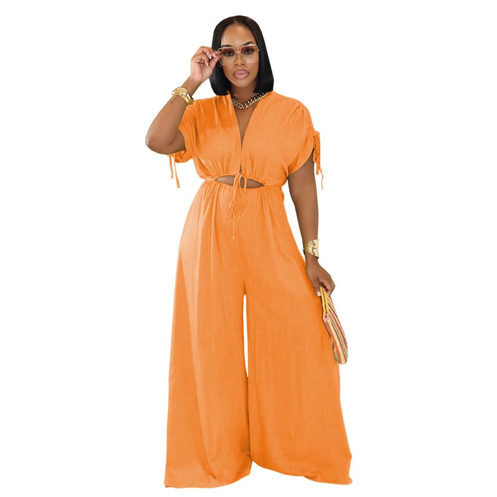 C7388 cross-border   fashion women's casual solid color v-neck tie-waist wide-leg jumpsuit new
