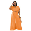 C7388 cross-border   fashion women's casual solid color v-neck tie-waist wide-leg jumpsuit new