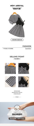 Girls' two-piece dress set: chanel-inspired houndstooth long-sleeve jacket with bow and a-line skirt, plus suspender dress
