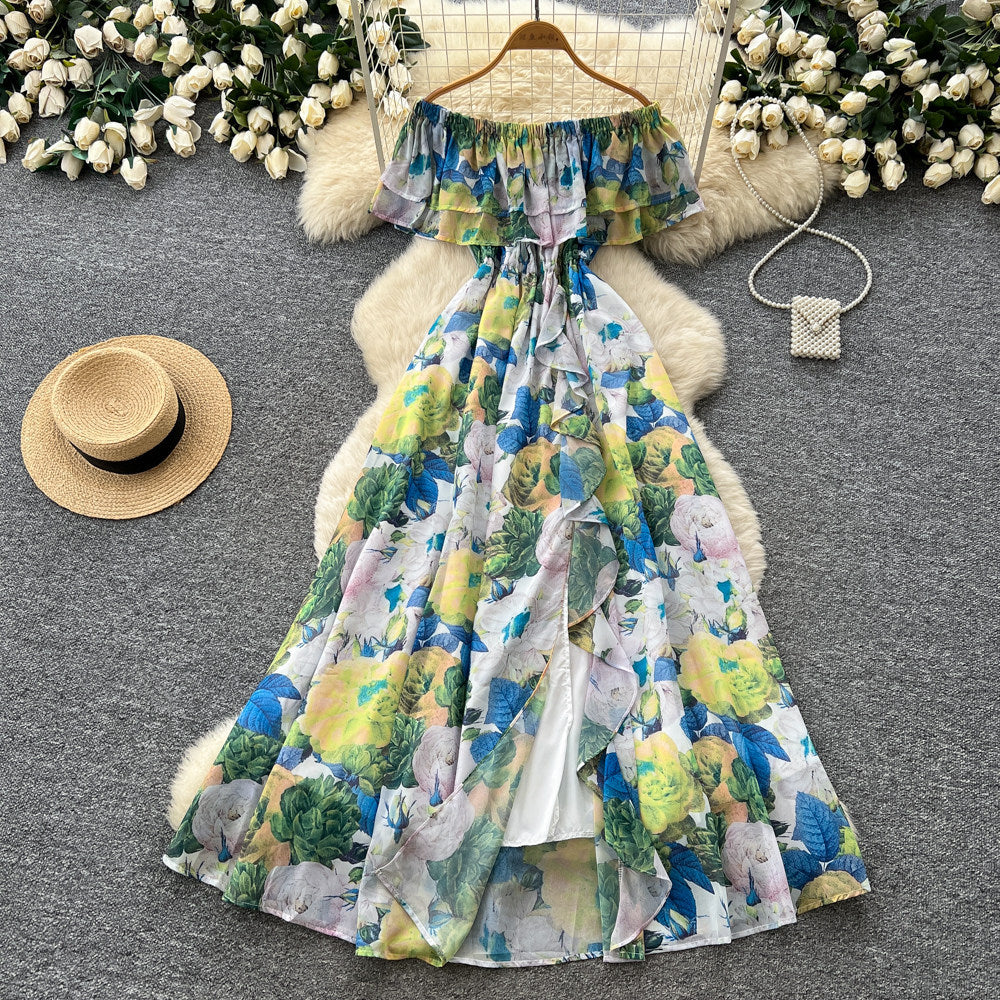 Pure desire style one shoulder ruffles floral dress women's summer sleeveless waist slimming lookelegant vacation style long dress