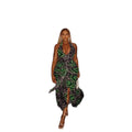 European and american cross-border women's fashion  winter new sleeveless deep v-neck placement print cinched waist ruched elegant dress