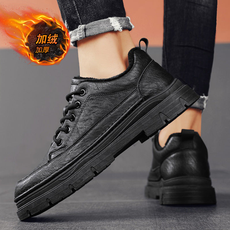 Men's winter new arrivals: versatile casual leather shoes with fleece lining for warmth. trendy british style business anti-slip work shoes