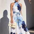 Amazon  summer new arrival: elegant casual vacation style floral stand collar tie sleeveless maxi dress for women