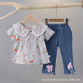 Floral print short-sleeve summer outfit for girls (0-4 years) - includes blouse with shoulder ruffles and denim pants