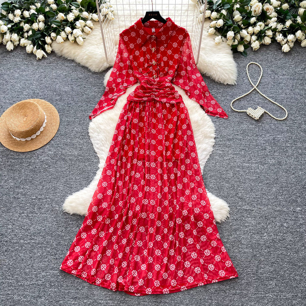 Vintage polka dot dress women's printed summer red high waist cinched waist tie waist slimming elegant long dress french elegance