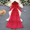 Vintage polka dot dress women's printed summer red high waist cinched waist tie waist slimming elegant long dress french elegance