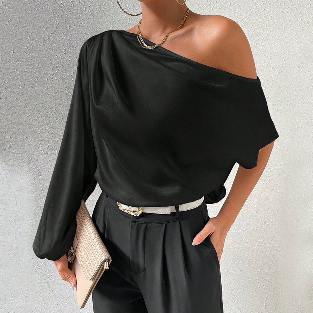 european and american women's clothing  fall/winter elegant one-shoulder long sleeve sexy off-the-shoulder loose fit asymmetrical neckline designer top