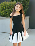 Girls' summer fashion sweet & chic black & white color block asymmetrical one-shoulder ruched waist wave dress
