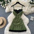 French lace patchwork camisole dress - summer slimming a-line mini dress - green sexy