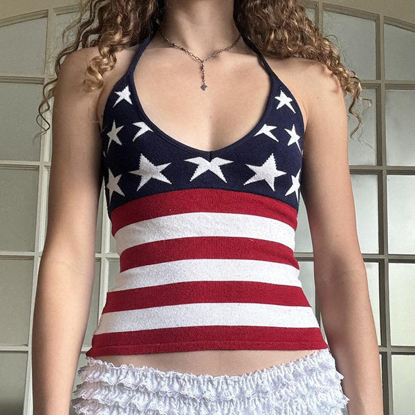 American Spice Girl Fashion Stripe Contrasting Color Star Printed Wool Suspender Vest Personalized Street Neck Sleeveless Top