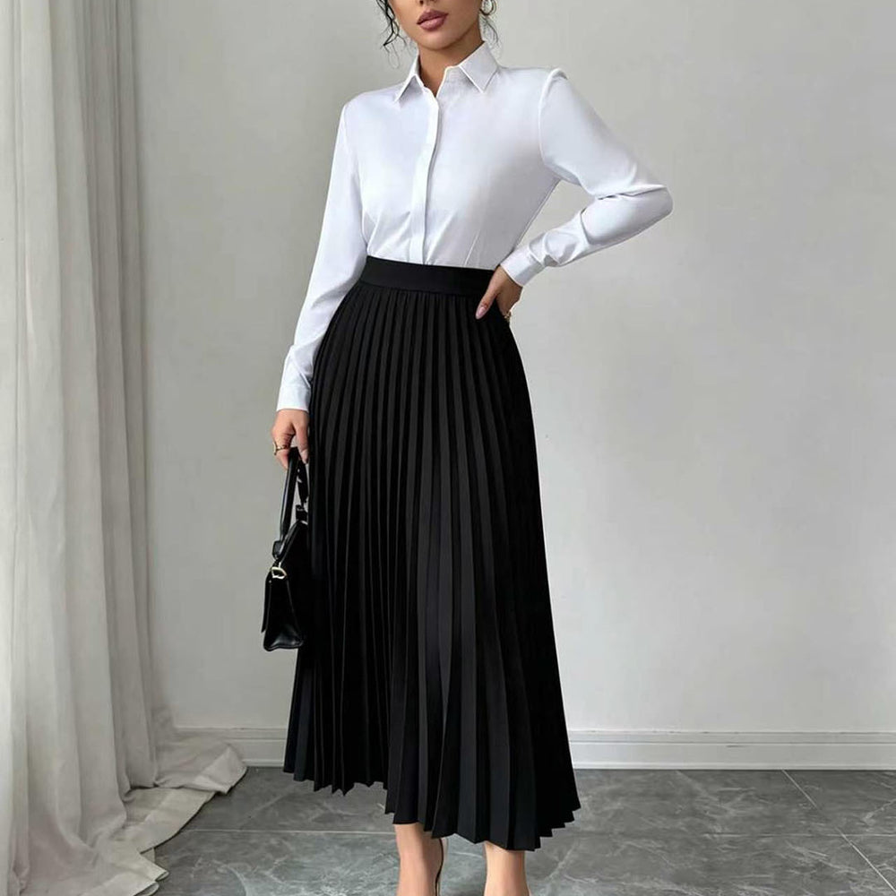 European and american  minimalist commute pleated midi skirt - black, high-waisted, drapey, slimming, versatile a-line skirt