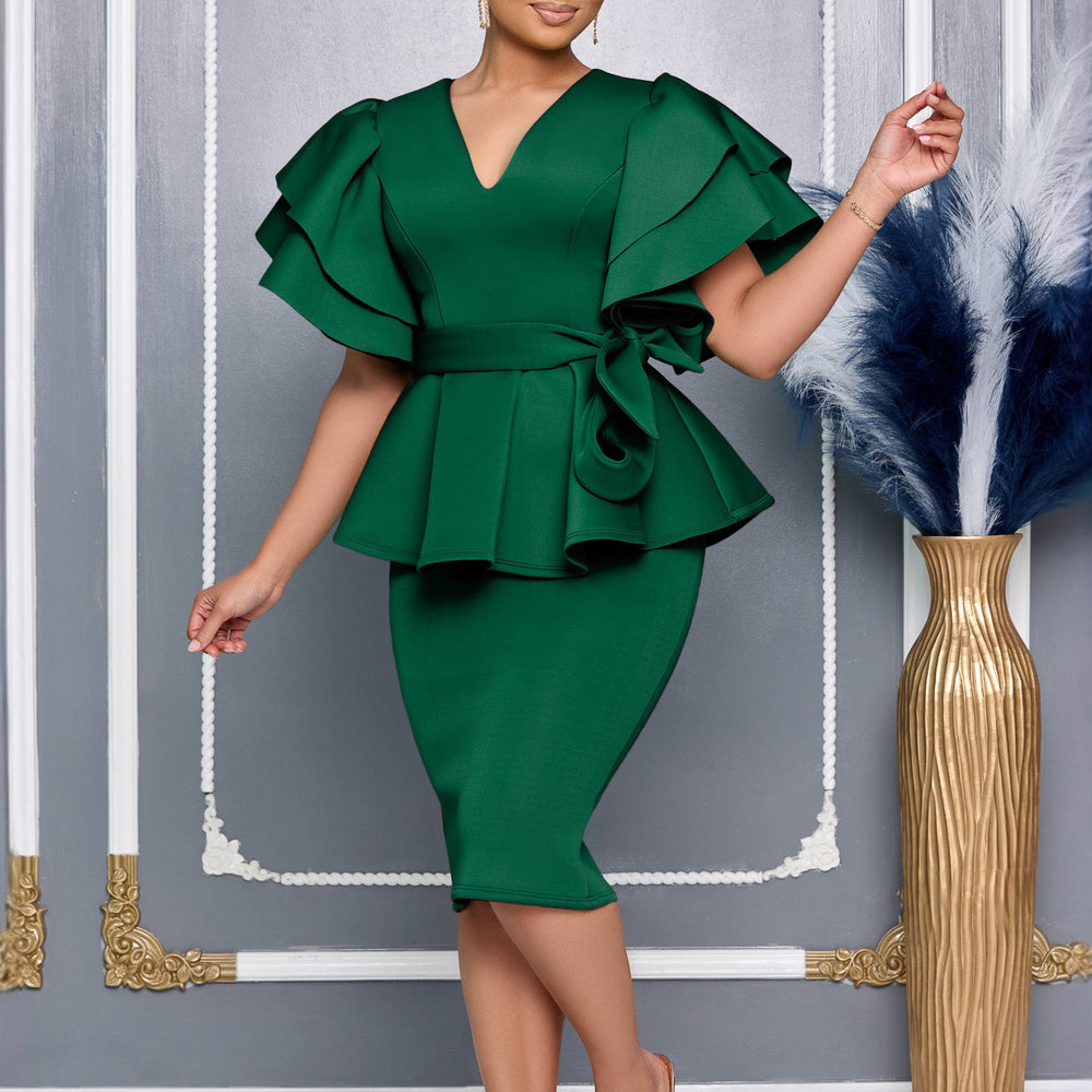 D3314  new arrival: fashionable, elegant, and chic ruffle-trimmed solid color bodycon party dress - african style
