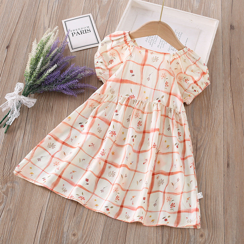 【matching family outfits】girls' cotton silk floral dress - princess style, stylish print, and puff sleeve skirt