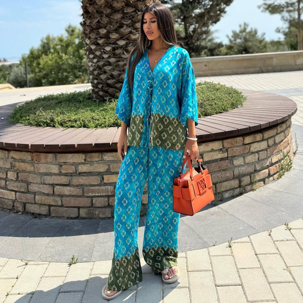 Cross-border European and American large-size fashion V-neck cardigan printed shirt  new casual wide-leg trousers two-piece set women