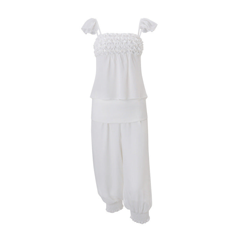 european and american women's clothing  summer new french chic flutter sleeve see-through top and high-waisted lantern pants set