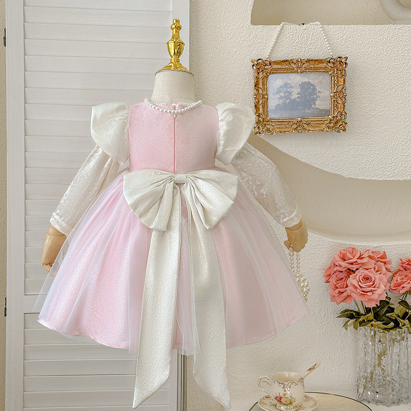 Girls' dress  spring new collection: snow white couture gown with oversized bow and exquisite embroidery