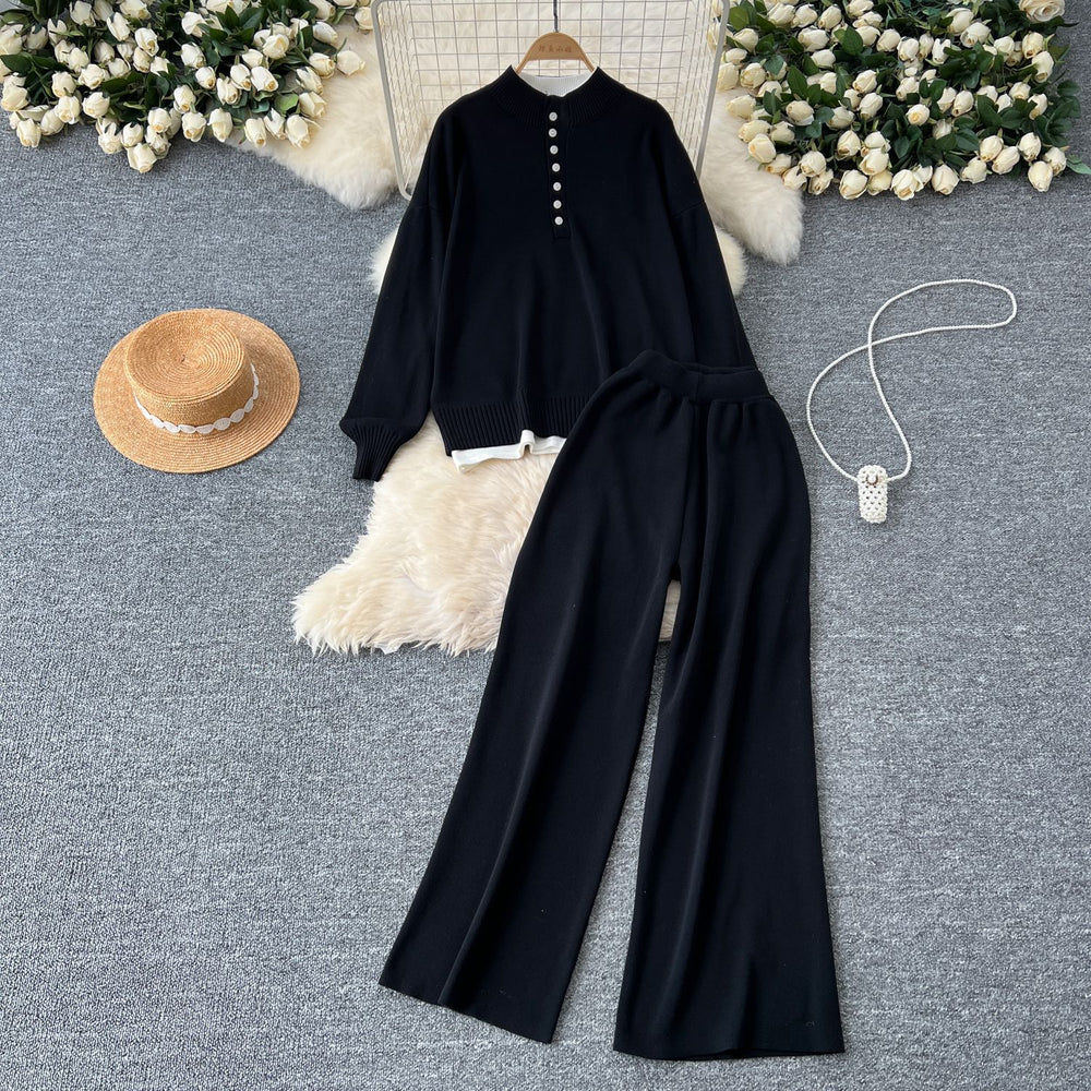 Gentle style two-piece set women's easiest for match stand collar single breasted cardigan pullover knitting shirt sweatercasualloose pants pants