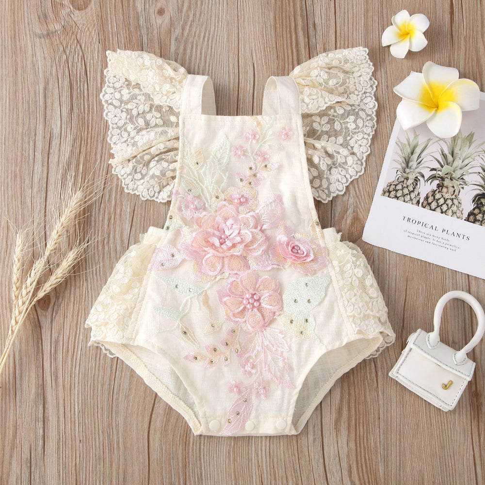 European and american style cross-border new children's clothing short climbing lace mesh flying sleeves tie back embroidered beaded pearl climbing jumpsuit