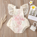 European and american style cross-border new children's clothing short climbing lace mesh flying sleeves tie back embroidered beaded pearl climbing jumpsuit