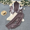 K-stylestripesprinting shawl high collar knittingsweater with high waistdrapedloose-fit silm pants royal sistersuit winter