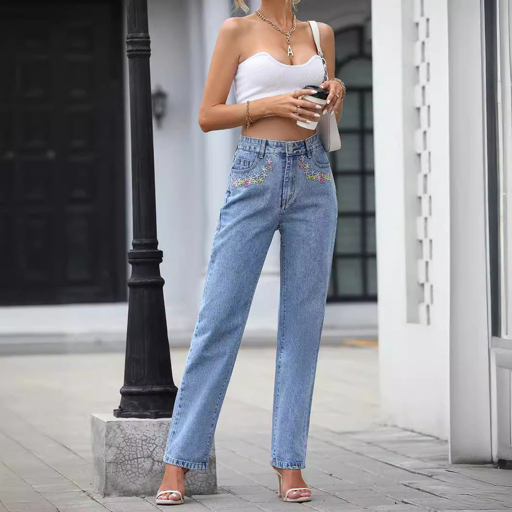 35573#  fashion cross-border high waistdrapedstraight-legjeans women's loosecasualeasiest for match denim pants