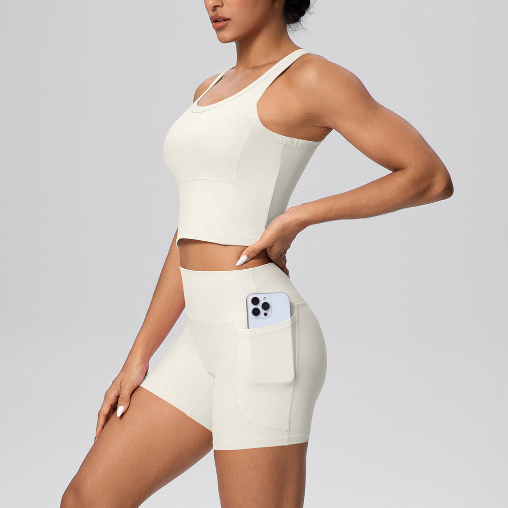 New arrival: cross-border brushed solid color breathable tank top & pocket shorts yoga set - two-piece activewear for running and fitness